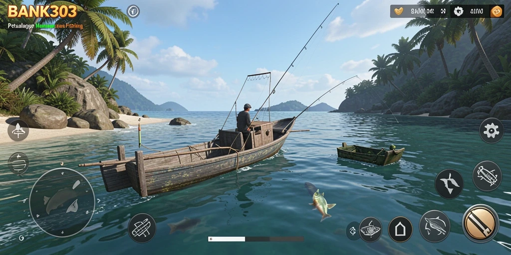 Screenshot utama BANK303 menampilkan pemain menangkap ikan di lokasi memancing indah.