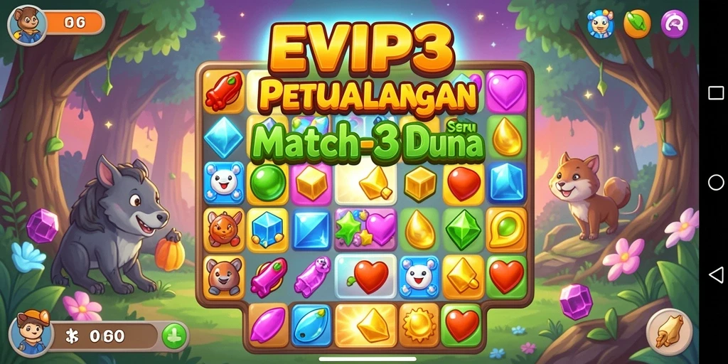 Screenshot gameplay Match-3 yang menampilkan kemeriahan mencocokkan permata.