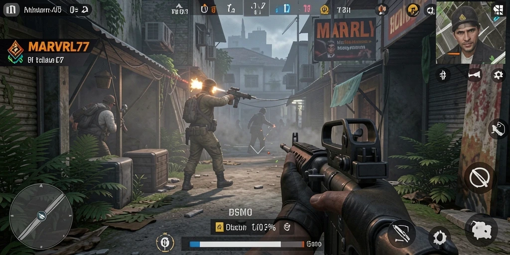 Screenshot gameplay MARVRL77 menunjukkan aksi pertempuran intens dan grafis berkualitas tinggi.