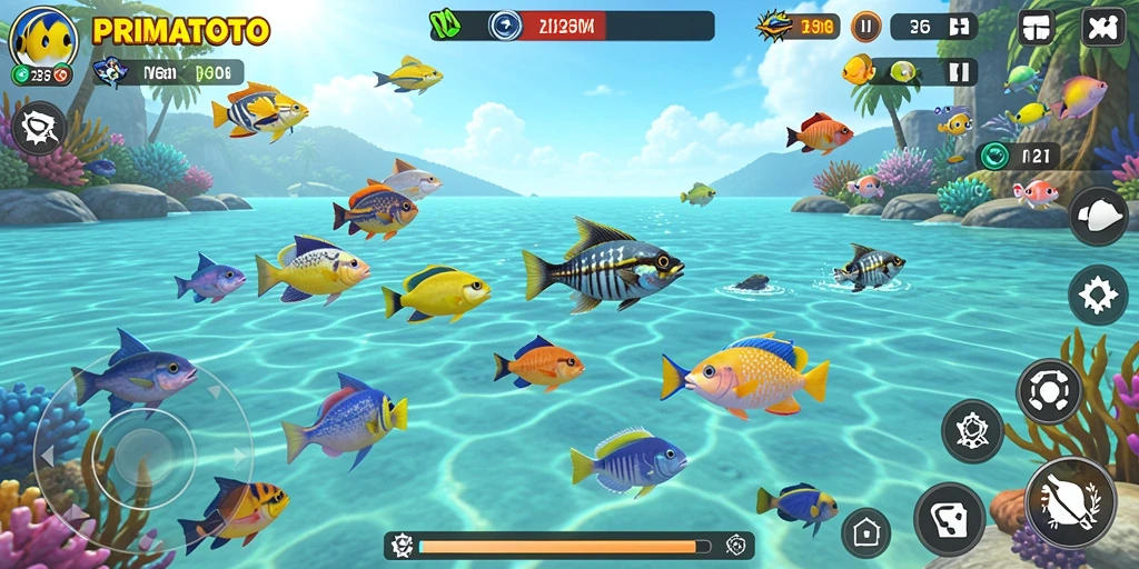 Screenshot gameplay PRIMATOTO yang penuh aksi tembak ikan.