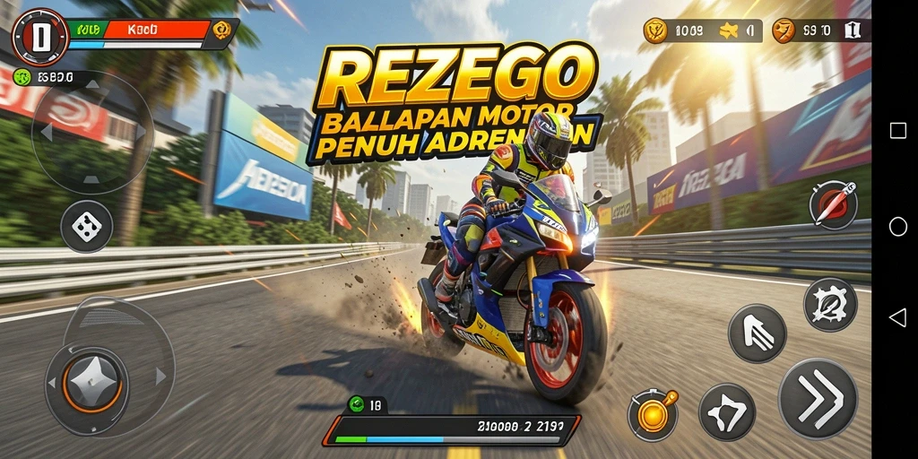 Gameplay seru REZEGO menampilkan balapan motor yang mendebarkan.